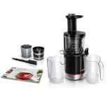 Bosch MESM731M, Slow juicer VitaExtract 150 W, 55 rpm, 1 speed + reverse function, tritan screw, MixControl lever, juice container 1 l, pulp container 1,3l, 3 filters (fine, coarse and sorbet), black / brushed s/s