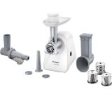 Bosch MFW2517W, Meat mincer, SmartPower Meat mincer from SmartPower range: 1500W, 1,7 kg/min, 2 sieves, 1 sausage horn, fruit press attachment, shredder with 3 barrels, no reverse, white
