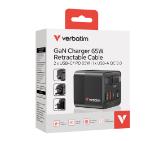 Verbatim Mini GaN Charger 65W 2 Port retractable cable display US plugs with EU and UK adaptors