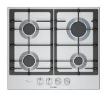 Bosch PCP6A5I90, SER6, Gas hob, 4 zones, Wok burner, 9 power levels, FlameSelect new, Easy cleaning, inox, 60cm
